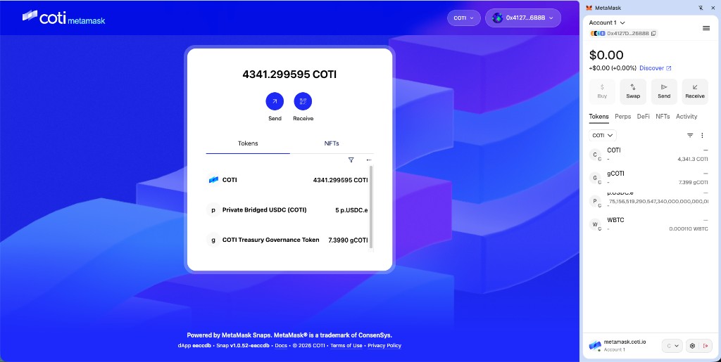 Side by side: COTI Snap dApp showing correct private token balance versus MetaMask Assets list showing the same token as a very long decimal interpreted from encoded balance data