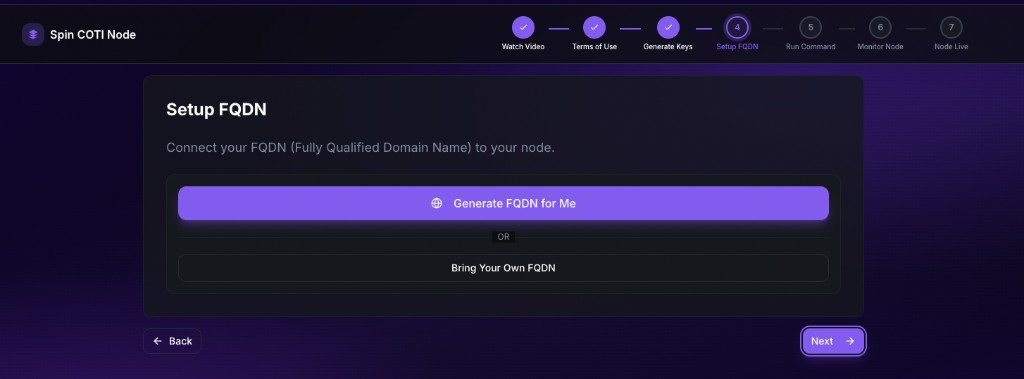 Setup FQDN step with Generate FQDN for Me and Bring your own FQDN choices