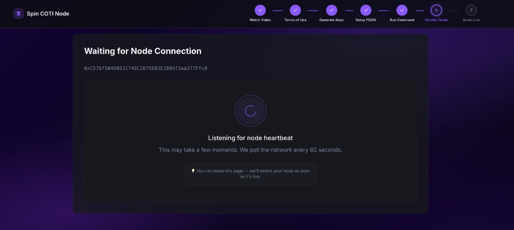 Setup step 6 with a spinner and the message Listening for node heartbeat