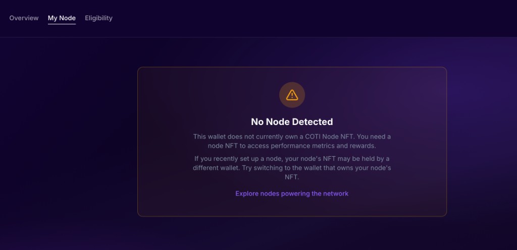 My Node screen showing No Node Detected for a wallet without a node NFT
