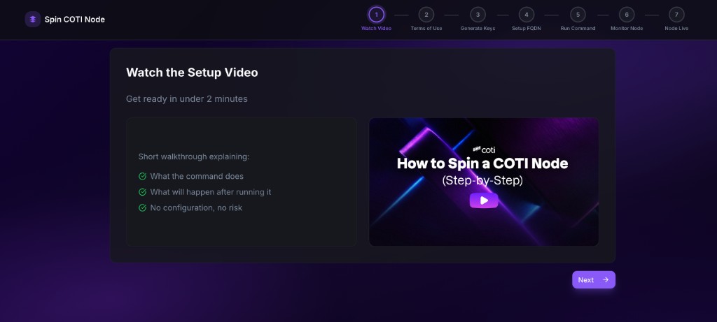 Setup step 1 with a short walkthrough video and bullet summary