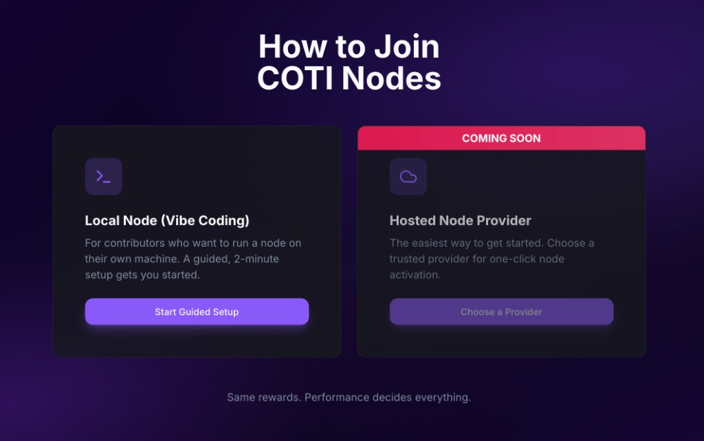 Join page with two options: Local Node (Vibe Coding) and Hosted Node Provider (Coming Soon)