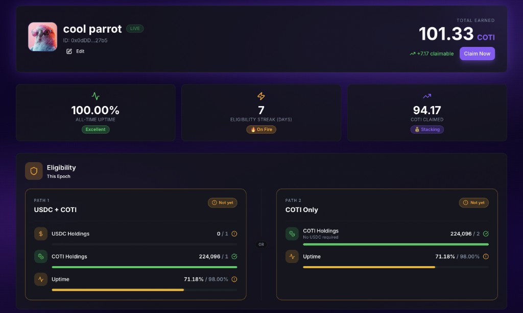 My Node dashboard: identity card with LIVE, Total Earned and claimable, three stat cards, Eligibility This Epoch with Path 1 and Path 2