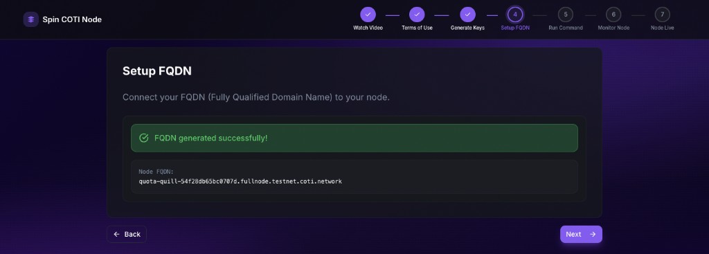 Setup FQDN after generation: green success banner and Node FQDN read-only field
