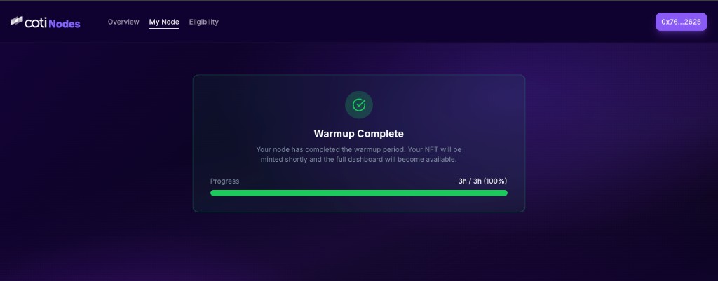My Node screen showing the Warmup Complete card with the progress bar at 100%