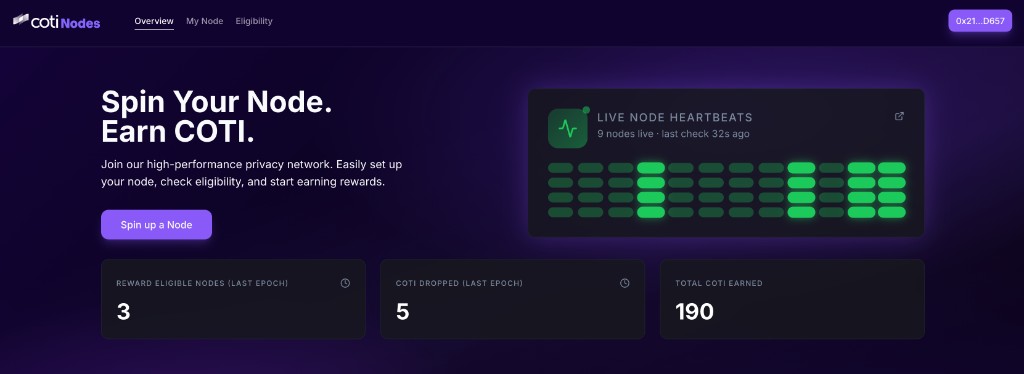 Overview hero with Spin up a Node CTA, Live Node Heartbeats panel, and the three ecosystem stats cards