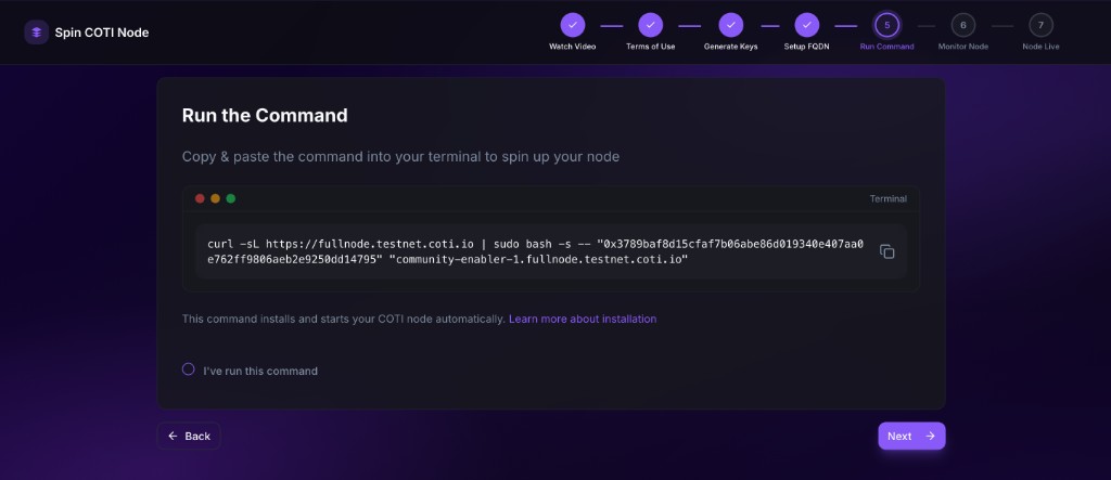Setup step 5 showing Linux or macOS installer tabs with the generated curl one-liner and a Learn more about installation link