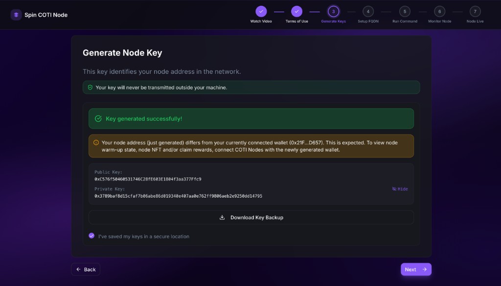 Setup step 3 showing a generated public/private key pair with a Download Key Backup button and a confirmation checkbox